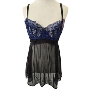 NWT Adore Me Blue Lace Black Mesh Babydoll Teddy Lingerie Bra Top Dress 38B
